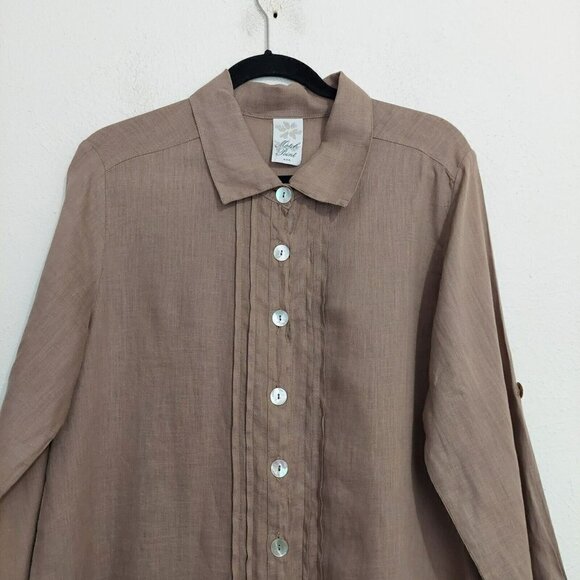 Match Point Tan Brown 3/4 Sleeve 100% Linen Tunic Top Coastal Grandma Small - Picture 2 of 10